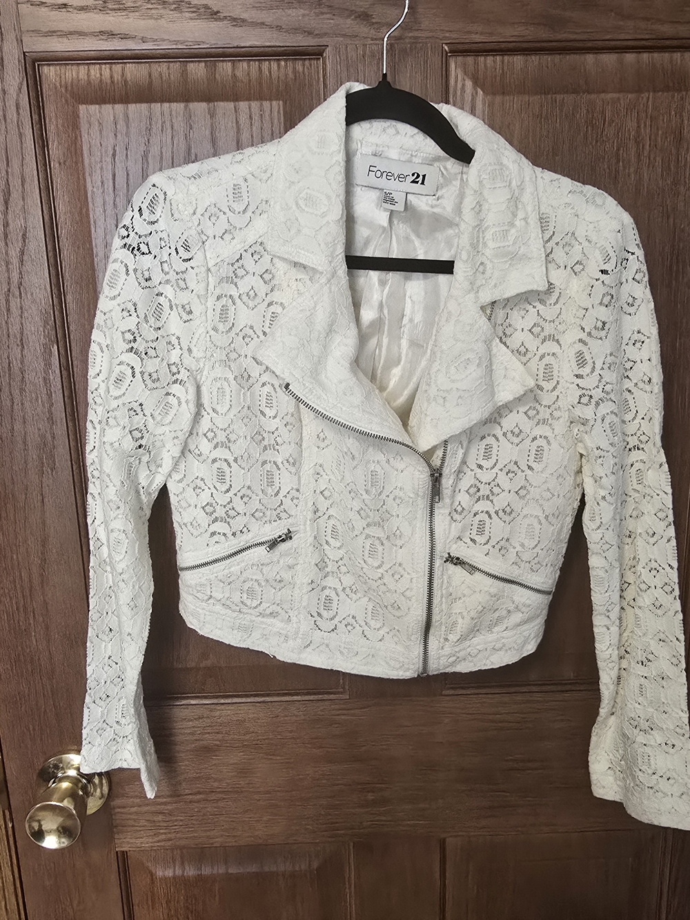 Forever 21 White Lace Moto Jacket Small Cropped Zip Front Blazer